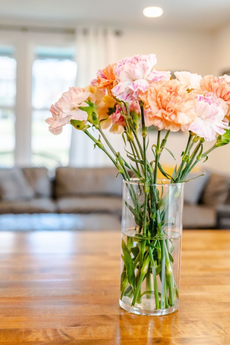 Carnations in vase on island, sofa soft behind