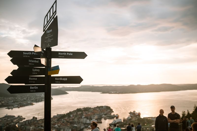 Bergen, Floyen overlook at sunset: a signpost to Sydney, Rome, Istanbul and Berlin, a crowd on the ledge, the fjord in gold