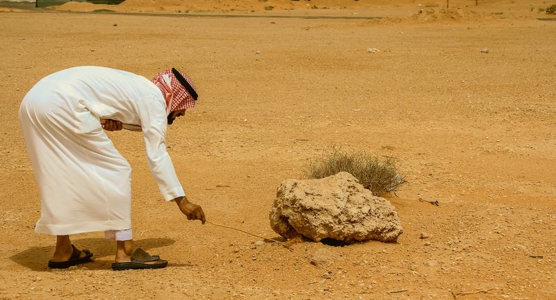White thobe bent over, prodding a desert rock with a stick